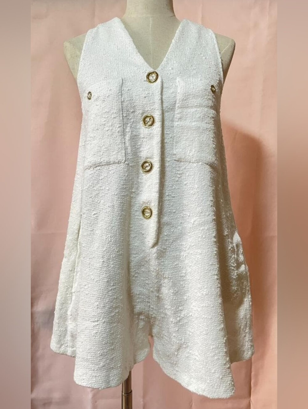 Zara Cream Textured Sleeveless Mini Romper with Gold Buttons